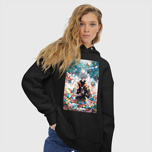 Женское худи оверсайз Адский рай Габимару цветы / Черный – фото 3