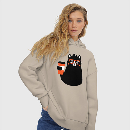 Женское худи оверсайз Мишка с напитком / Миндальный – фото 3