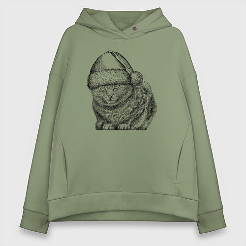 Женское худи оверсайз Кот в новогоднем колпаке / Авокадо – фото 1