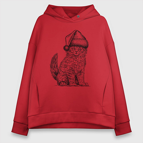 Женское худи оверсайз Новогодний котенок мейн-кун / Красный – фото 1