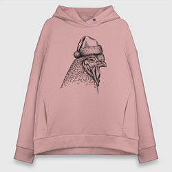 Толстовка оверсайз женская Петушок в новогоднем колпаке, цвет: пыльно-розовый