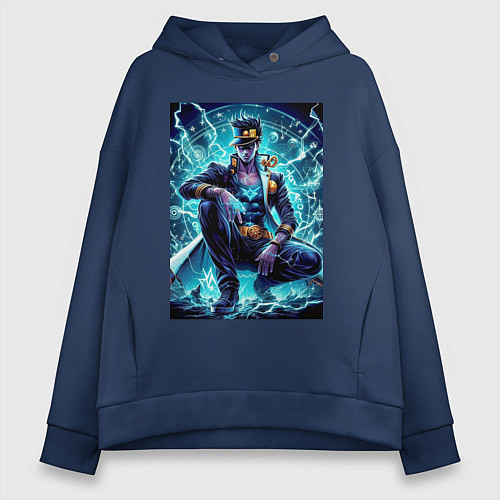 Женское худи оверсайз Jotaro Kujo - neon glow ai art / Тёмно-синий – фото 1