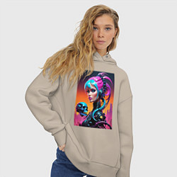 Толстовка оверсайз женская Девушка в стиле киберпанк с черепом - нейросеть, цвет: миндальный — фото 2