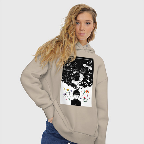 Женское худи оверсайз Моб Психо Шигэо Кагэяма / Миндальный – фото 3