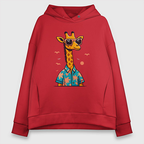 Женское худи оверсайз Модный жираф в солнечных очках и гавайской рубашке / Красный – фото 1