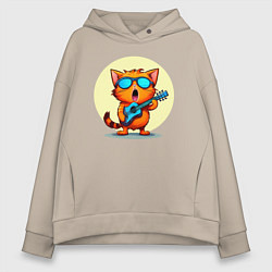 Толстовка оверсайз женская Рыжий кот с гитарой поет песню, цвет: миндальный