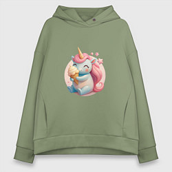 Толстовка оверсайз женская Единорог с мороженым, цвет: авокадо