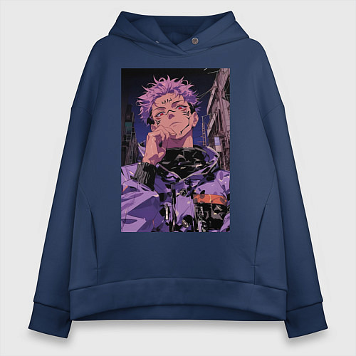 Женское худи оверсайз Магическая битва Юдзи Итадори токио / Тёмно-синий – фото 1