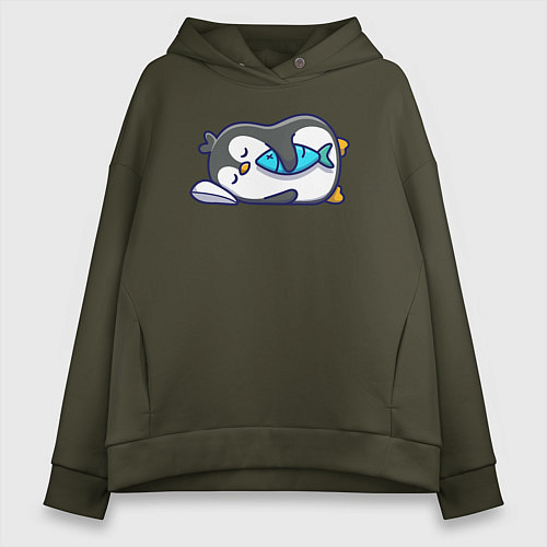 Женское худи оверсайз Спящий пингвин с рыбкой / Хаки – фото 1