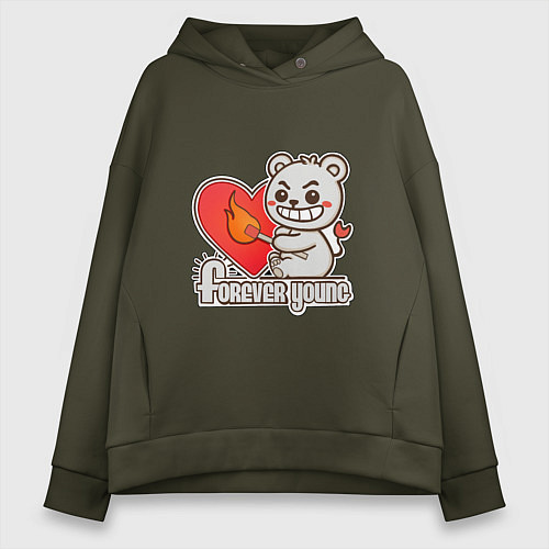 Женское худи оверсайз Медведь хулиган с сердцем и спичкой / Хаки – фото 1