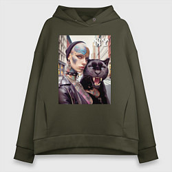 Толстовка оверсайз женская Punk girl under the protection of a panther - New, цвет: хаки