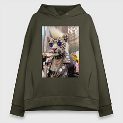 Толстовка оверсайз женская Леопард альбинос панк музыкант из Нью-Йорка - нейр, цвет: хаки