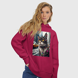 Толстовка оверсайз женская Пирсинг Нью-Йоркского кота - нейросеть, цвет: маджента — фото 2