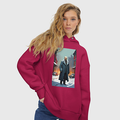 Женское худи оверсайз Ленин зимой без охраны - нейросеть / Маджента – фото 3