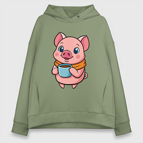 Женское худи оверсайз Поросенок пьет кофе / Авокадо – фото 1