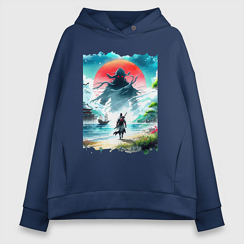 Женское худи оверсайз Призрак Цусимы - самурай на берегу озера / Тёмно-синий – фото 1