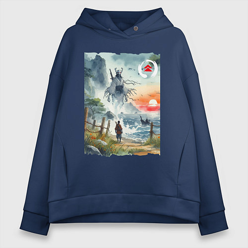 Женское худи оверсайз Ghost of Tsushima - watercolor / Тёмно-синий – фото 1