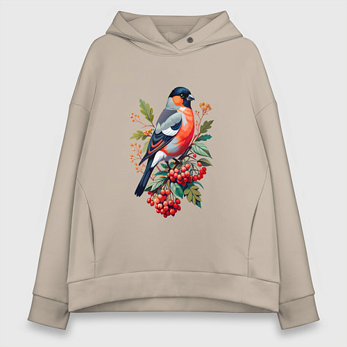 Женское худи оверсайз Снегирь не ветке красной рябины / Миндальный – фото 1