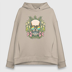 Толстовка оверсайз женская Черепок и цветочки, цвет: миндальный