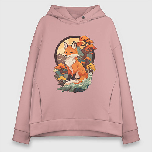 Женское худи оверсайз Лиса в японском стиле на фоне гор / Пыльно-розовый – фото 1