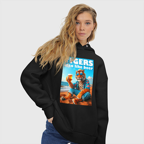 Женское худи оверсайз Tigers also like beer - ai art fantasy / Черный – фото 3