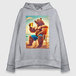 Толстовка оверсайз женская Bear bodybuilder with a cup of beer on a beach - a, цвет: меланж