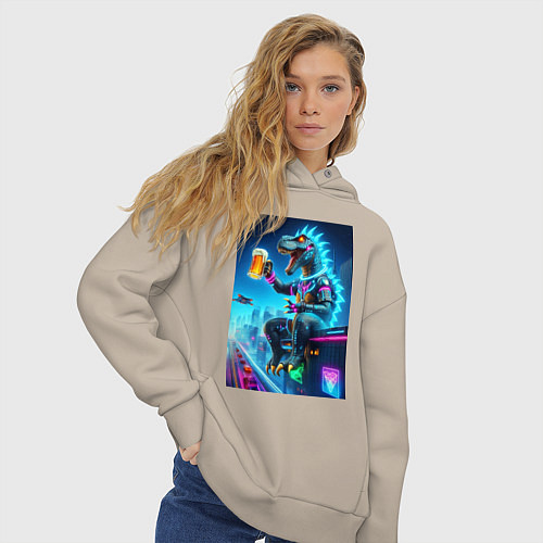 Женское худи оверсайз Чувак Дино сидит на крыше небоскрёба с кружкой пив / Миндальный – фото 3