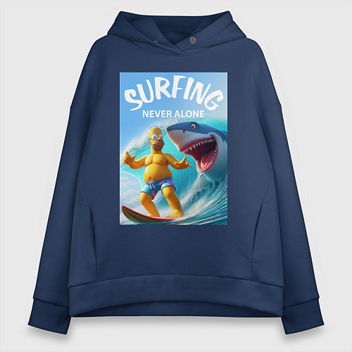 Женское худи оверсайз Homer Simpson and shark - surfing never alone / Тёмно-синий – фото 1
