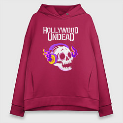 Толстовка оверсайз женская Hollywood Undead - неоновый череп, цвет: маджента