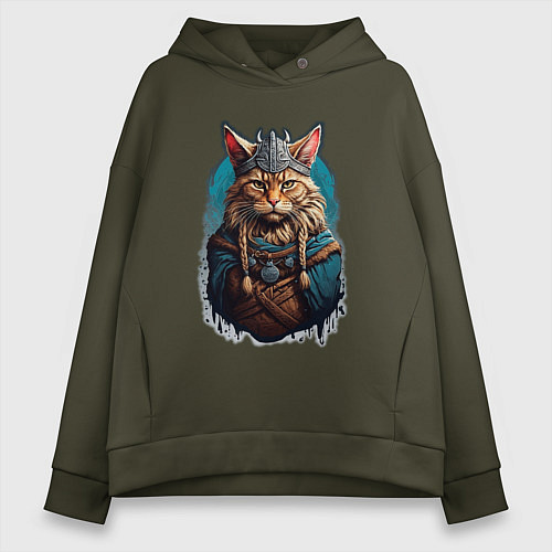 Женское худи оверсайз Кот викинг / Хаки – фото 1