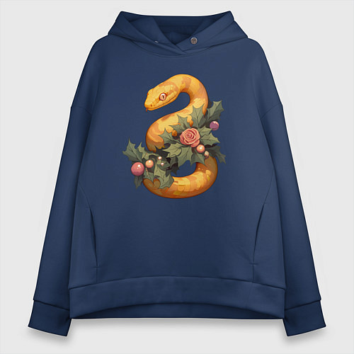Женское худи оверсайз Жёлтая змея в листьях / Тёмно-синий – фото 1