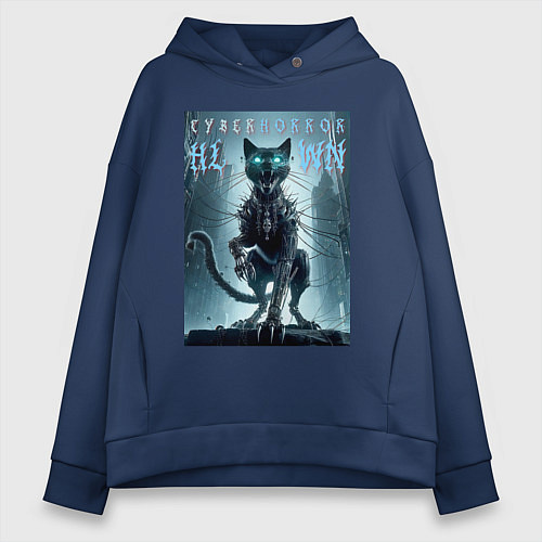 Женское худи оверсайз Cyber black cat - halloween horror fantasy / Тёмно-синий – фото 1