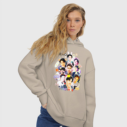 Женское худи оверсайз Exo together дружная команда / Миндальный – фото 3