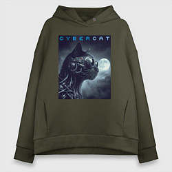 Толстовка оверсайз женская Cyber black cat - ai art fantasy, цвет: хаки