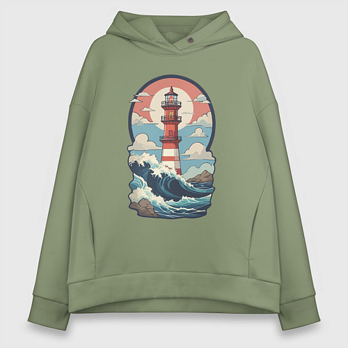Женское худи оверсайз Маяк в море и волны / Авокадо – фото 1
