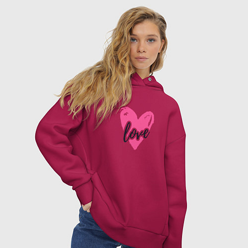 Женское худи оверсайз Рисованное розовое сердце - love / Маджента – фото 3