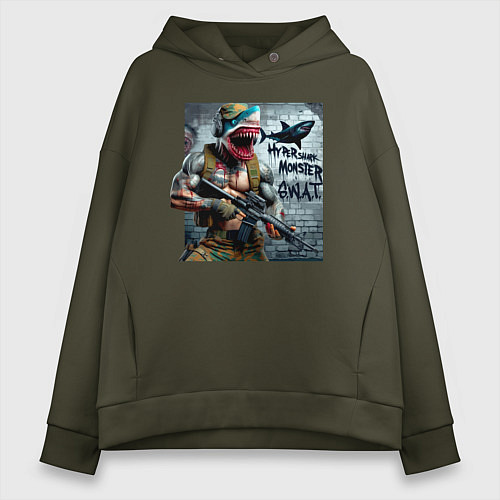 Женское худи оверсайз Hyper shark monster swat - ai art fantasy / Хаки – фото 1