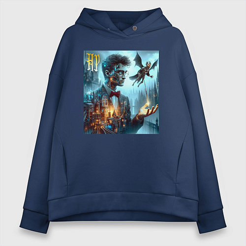 Женское худи оверсайз Harry Potter wizard - cyberpunk / Тёмно-синий – фото 1