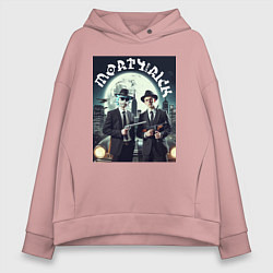 Толстовка оверсайз женская Гангстеры Морти и Рик - портрет на фоне луны, цвет: пыльно-розовый