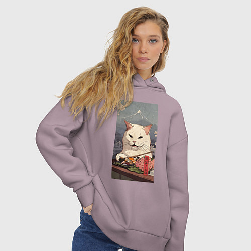 Женское худи оверсайз Cat meme - japan style / Сиреневый – фото 3