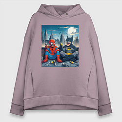 Толстовка оверсайз женская Человек паук и Бэтмен пьют пиво на крыше небоскрёб, цвет: сиреневый