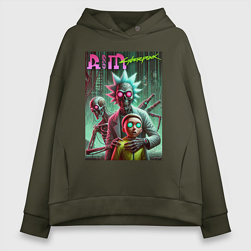 Женское худи оверсайз Rick and Morty with a skeleton - cyberpunk / Хаки – фото 1