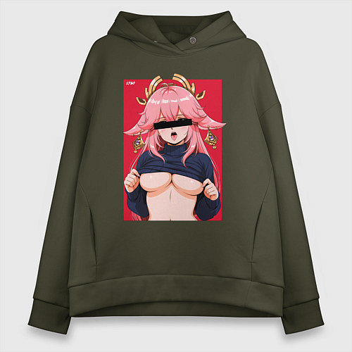 Женское худи оверсайз Яэ Мико в стиле 80х - Геншин Импакт / Хаки – фото 1