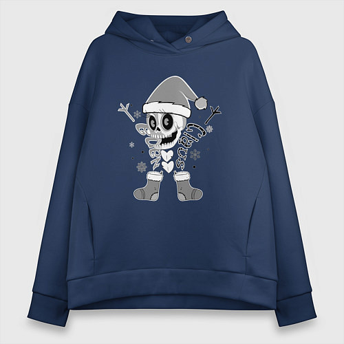 Женское худи оверсайз Новогодний скелетик чб / Тёмно-синий – фото 1