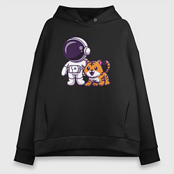 Толстовка оверсайз женская Космонавт и тигрёнок, цвет: черный