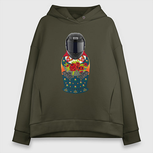 Женское худи оверсайз Матрёшка мотоциклист / Хаки – фото 1