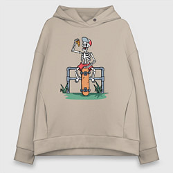 Толстовка оверсайз женская Скелетик скейтер с пиццей, цвет: миндальный