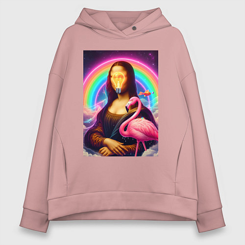Женское худи оверсайз Мона Лиза - лампочка и розовый фламинго / Пыльно-розовый – фото 1