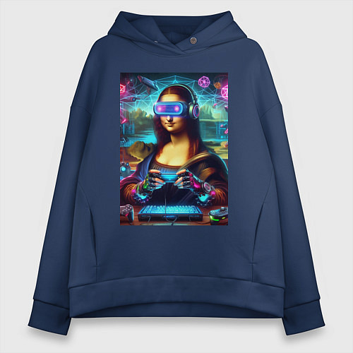 Женское худи оверсайз Mona Lisa is an avid gamer - cyberpunk / Тёмно-синий – фото 1