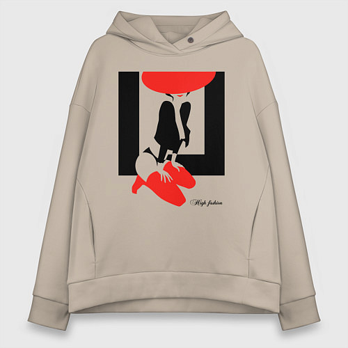 Женское худи оверсайз Девушка в красной шляпе / Миндальный – фото 1